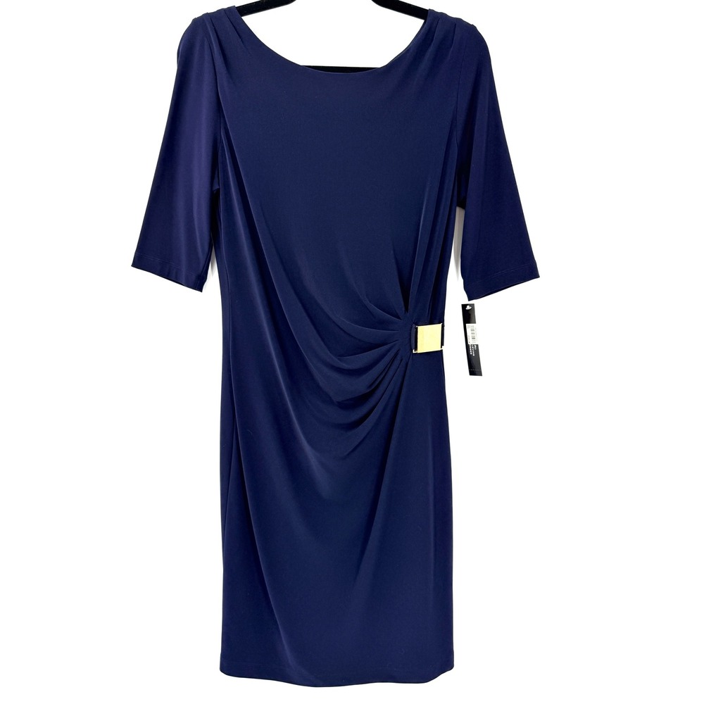 NWT Tahari Navy Linda Sheath Dress sz 8P Buckle wedding guest minimalist chic‎